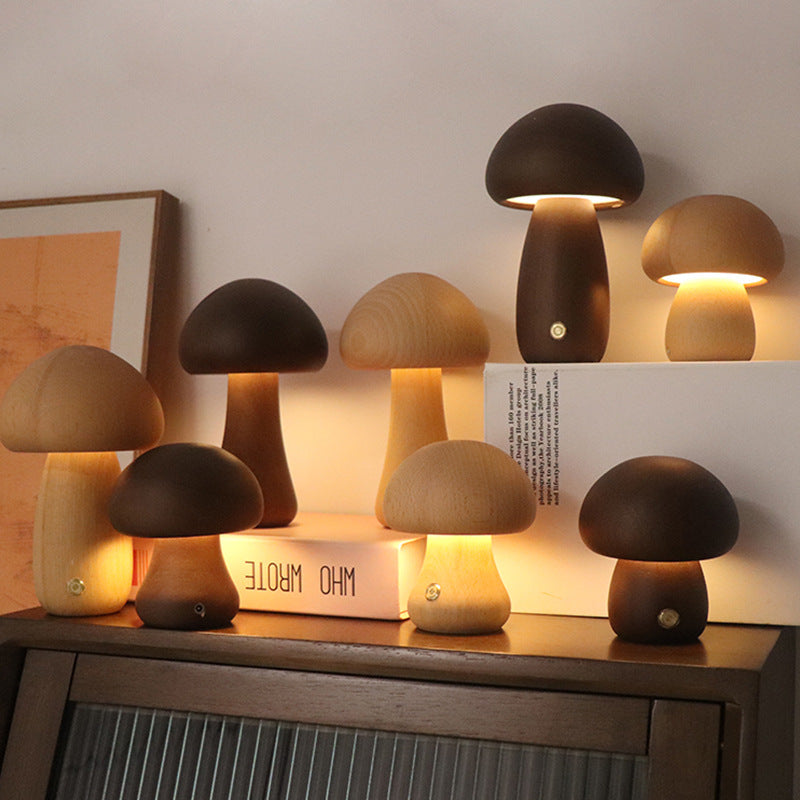 Cute Wooden Mushroom Led Night Lamp